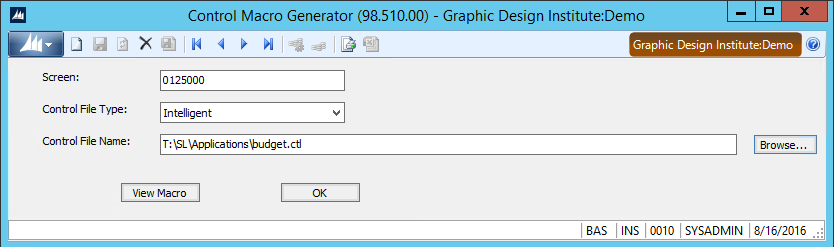 Control Macro Generator Screen for Dynamics SL