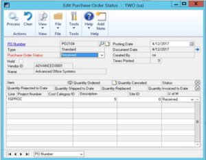 Purchase order entry window Dynamics GP