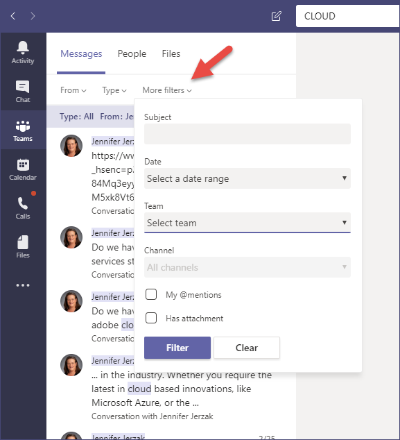 Searches in Microsoft Teams