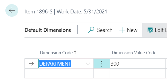 example default dimension code