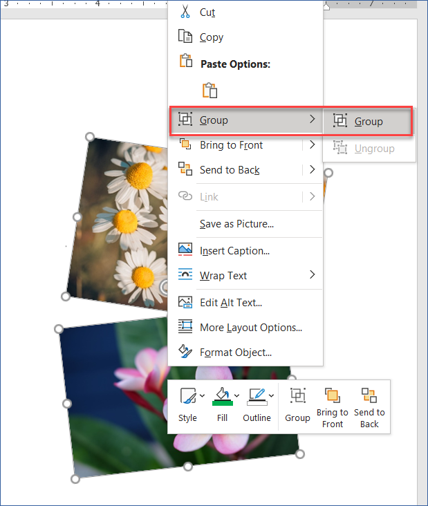 how to group pictures in word