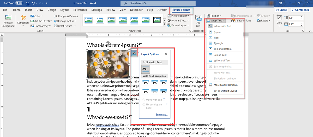 how to write next to a picture in word