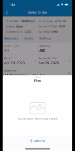 Figure 1: Attach files or photos to a Sales Order using the Mobile App