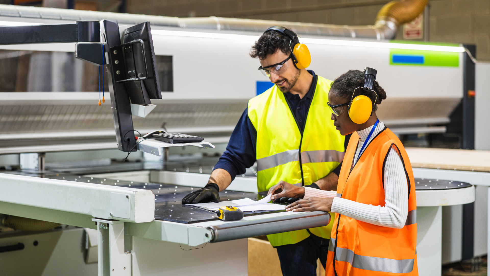 Metal fabrication workers reviewing job details on manufacturing equipment using ERP software for production planning